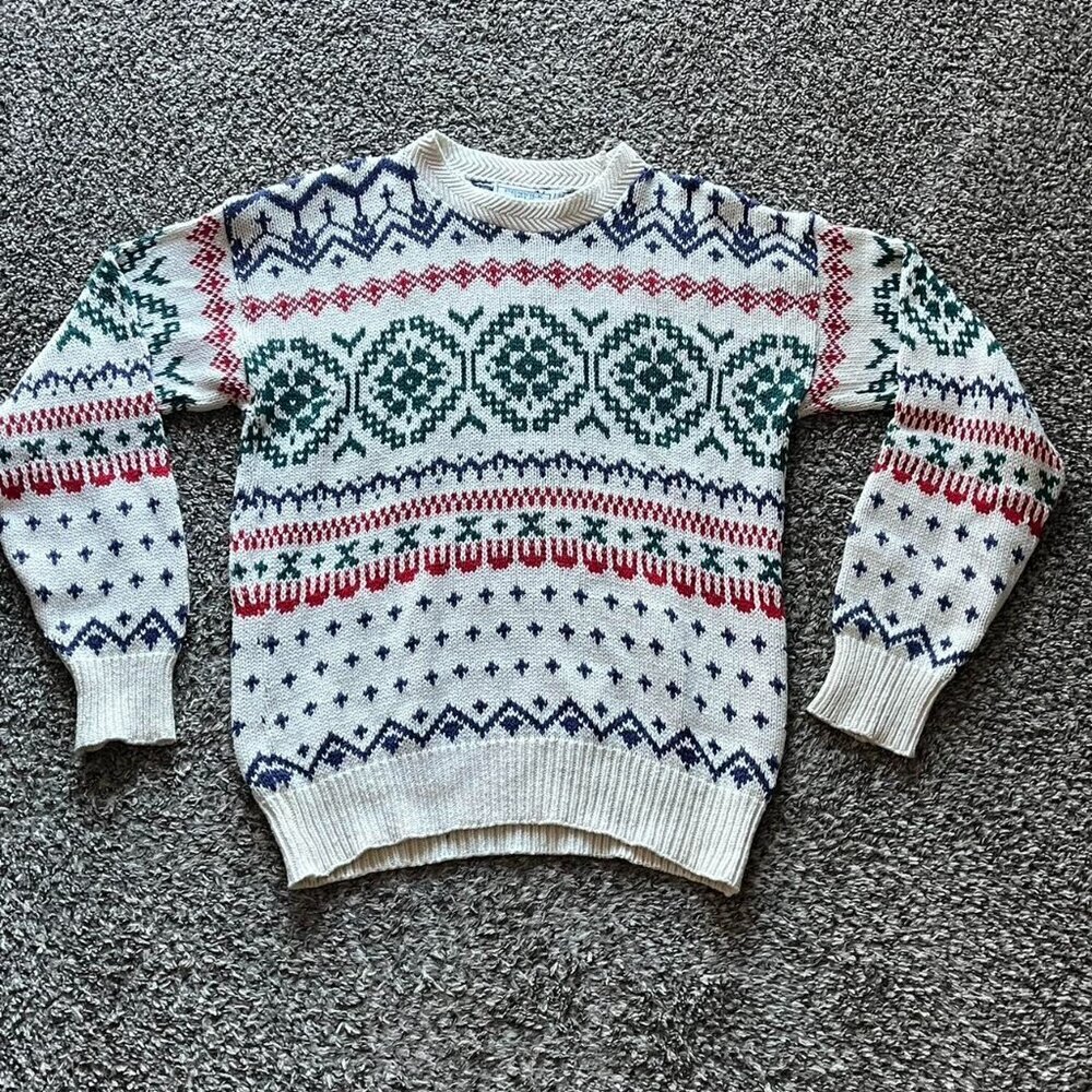 Fenwick Isle Red White Blue Fair Isle Sweater Men M Geometric Aztec Made in USA